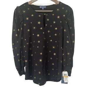 Democracy Gold Sunbursts Top Womens Small Black 3/4 Sleeve Pullover Blouse